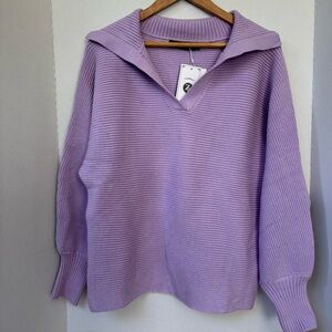 Zesica V-Neck Purple Ribbed Knit Lapel Collar Sweater